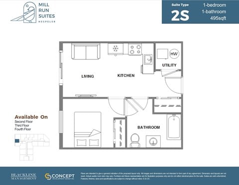 Floor plan for 1 bed, 1 bath, 495 sqft
